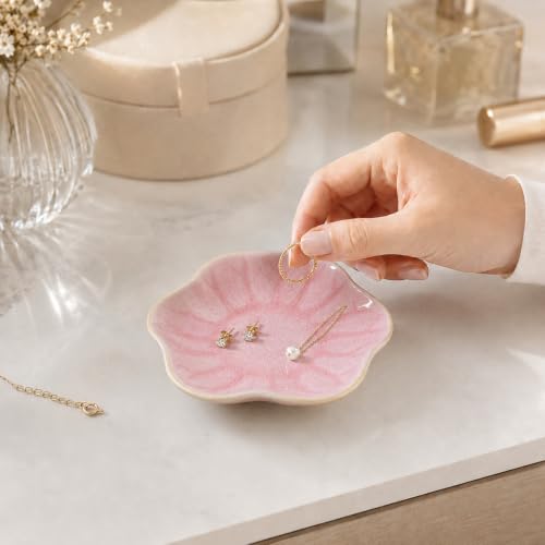 Pink Lotus Leaf Ceramic Jewelry Tray - Small Trinket Dish for Rings