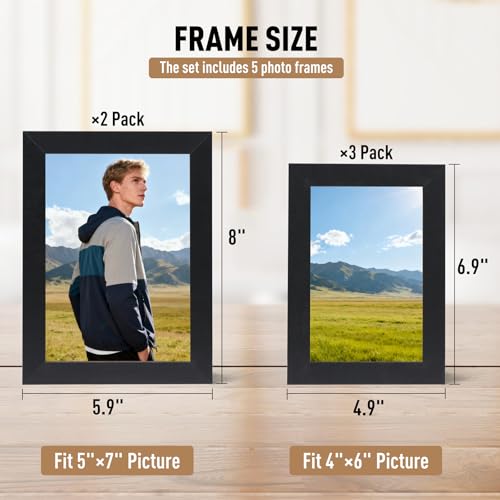 MAXECHO Black Picture Frame Set of 5 - 4x6 & 5x7 Wall & Tabletop Collage Frames