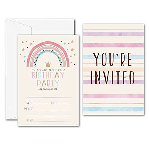 Pink Boho Rainbow Birthday Party Invitations with Envelopes, 4x6 Inches - 20 Pack