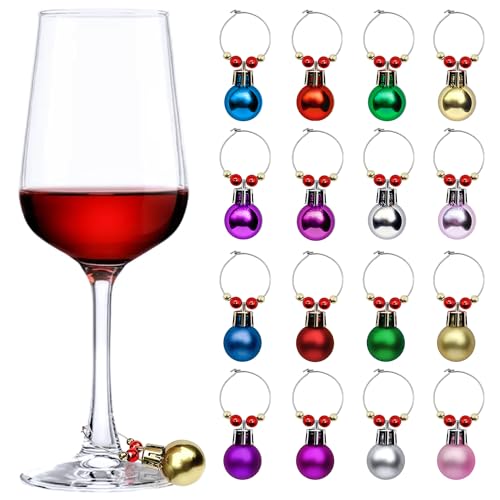 16 Pcs Christmas Ball Wine Glass Charms Drink Markers Rings for Holiday Parties