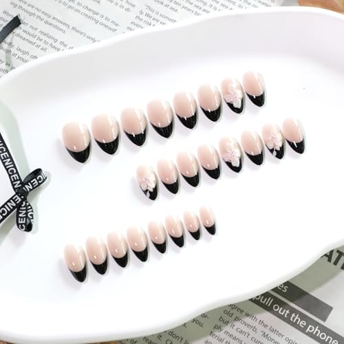 3D Flower Press on Nails Black French Tip Short Almond Fake Nails