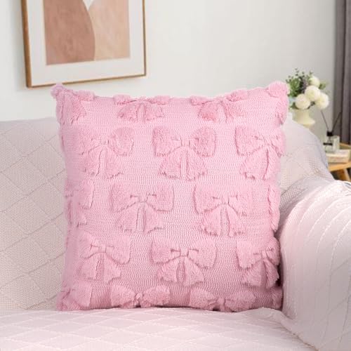 Yuubin Pink Bow Throw Pillow Covers 18x18, Set of 2 Plush Coquette Decor