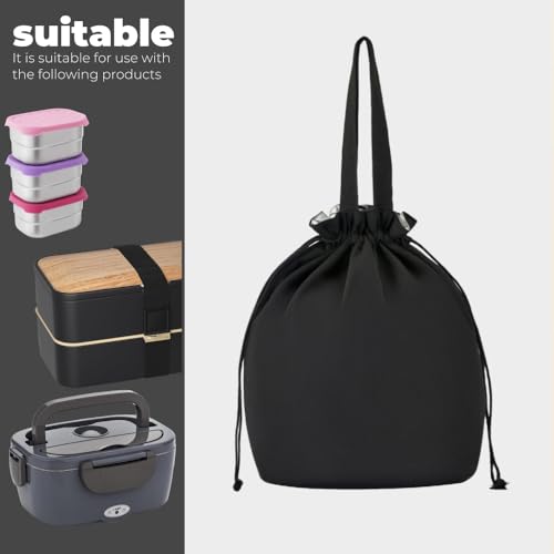 DAROSS Insulated Canvas Lunch Bag - Waterproof Drawstring Tote, Black