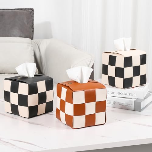 Modern Square PU Leather Tissue Box Cover - Black and Beige Checkered