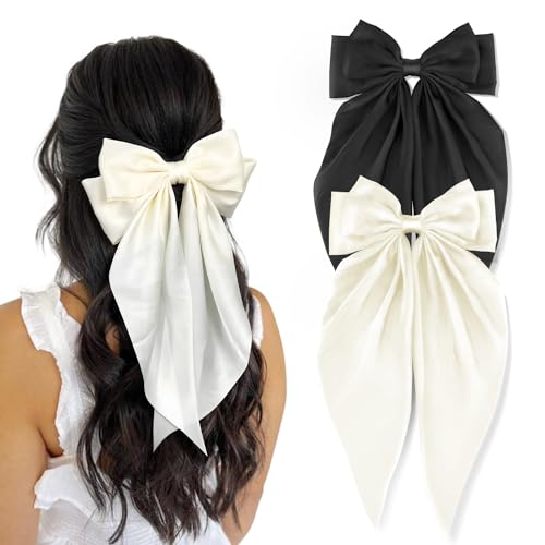 TINKRSTUFF 2 Pcs Silky Satin Big Hair Bows with Metal Clips, Large Long Tail French Barrette Hair Accessories for Women