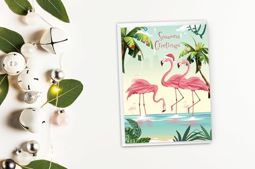 Festive Flamingo Christmas Cards - 12 Count with Envelopes, Tropical Holiday Greeting Cards