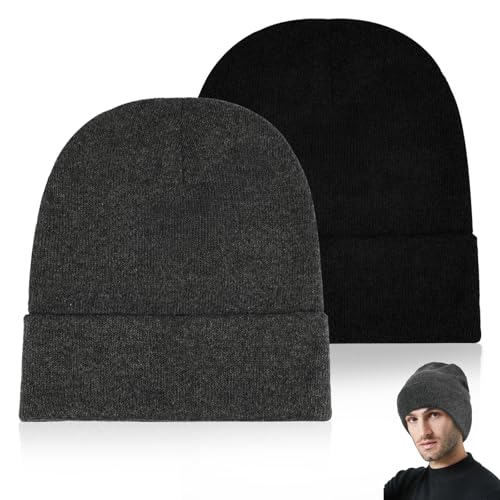 2 Pack Unisex Beanie for Men Women, Slouchy Cuffed Winter Beanie Hats, Soft Warm Knit Beanies Skull Cap Ski Hats- Black, Gray
