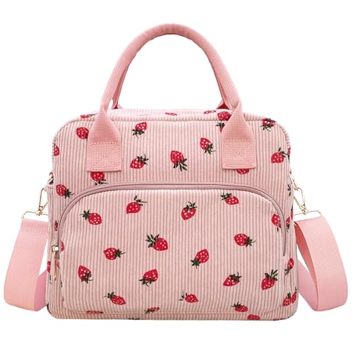 Beurlike Strawberry Pink Insulated Lunch Bag - Corduroy Tote for Work & Picnic