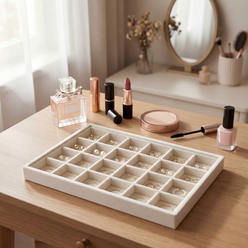 Frebeauty 24-Grid Velvet Earring Organizer Tray - Beige