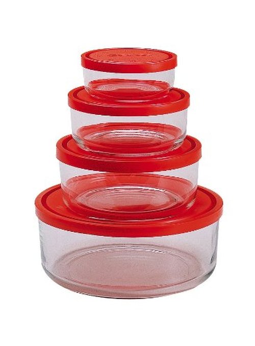 Bormioli Rocco Gelo 4pc Glass Storage Container/Food Storage Set with Red Lid (11.75 oz., 24.25 oz., 44.75 oz., 93.75 oz.)