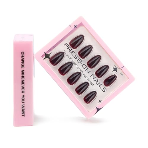 Dark Red Short Almond Press on Nails Glossy Solid Color False Acrylic Nails 30 Pcs
