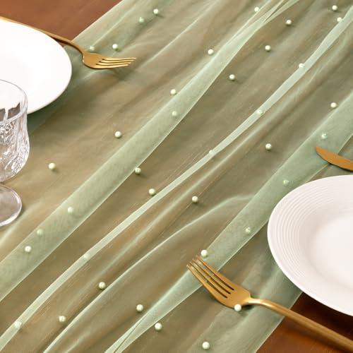 Socomi Pearl Table Runner Sage 10ft Gauze Sheer Wedding Party Home Decor