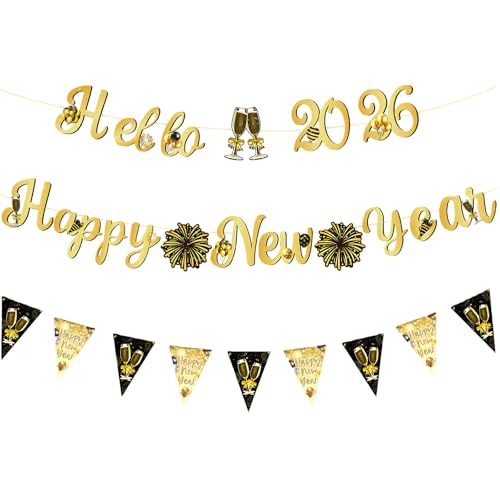 Happy New Year Party Banner - Black & Gold 12ft Decoration