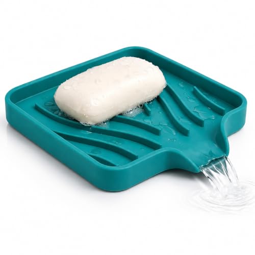 Self Draining Silicone Soap Dish with Drain Spout - Bathroom & Kitchen Sink Organizer