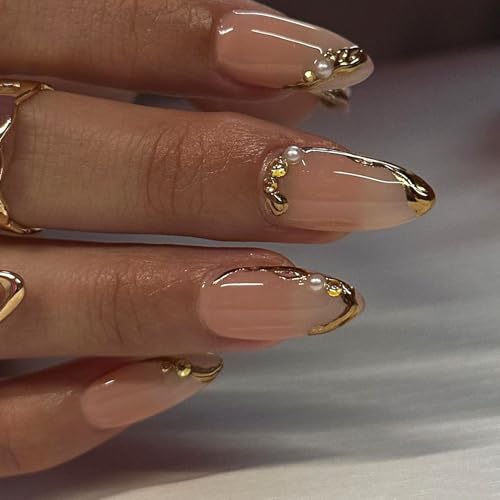 Almond Press on Nails Gold French 3D Pearl Acrylic Fake Nails 24 Pcs