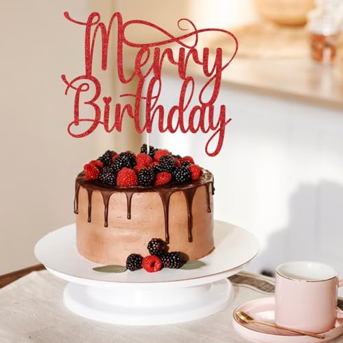 Red Glitter Merry Birthday Cake Topper for Christmas Parties