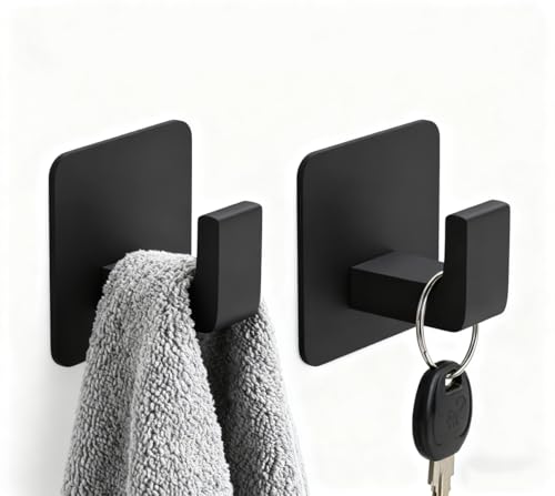 Matte Black Adhesive Towel Hooks – No Drill, 2 Pack for Bathroom & Kitchen