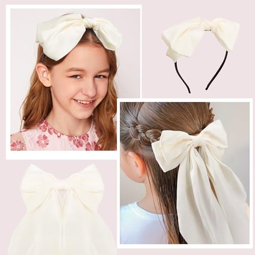 AHONEY 2 Pack White Satin Hair Bow Clips with Long Ribbons