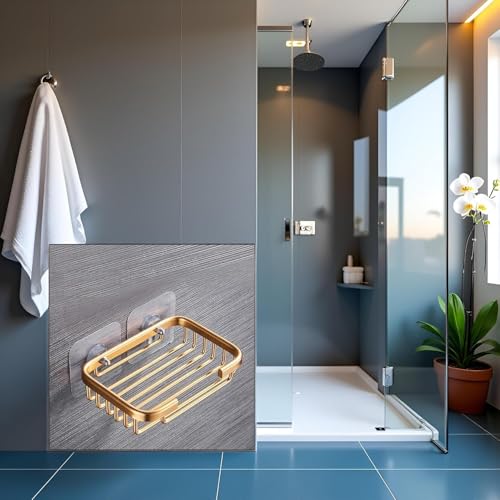 Gold Stainless Steel Soap Holder - Wall-Mounted, Drill-Free Bathroom Storage