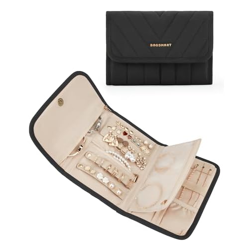 BAGSMART Travel Jewelry Organizer Case, Foldable Jewelry Roll for Necklaces, Earrings, Journey-Rings, Bracelets, Brooches, Portable, Black