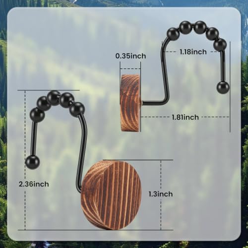 Natural Wood Shower Curtain Hooks - Five Beads Design, 12 Pack