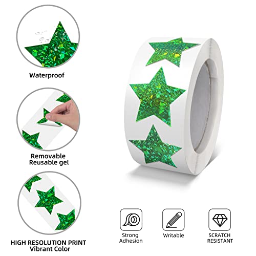 Green Star Stickers - 1 Inch Glitter Star Labels, 500 Pcs Roll for Rewards