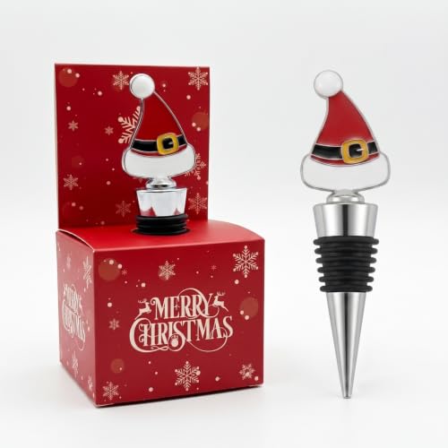 Santa Hat Wine Bottle Stopper - Glass Christmas Cork with Metal Base