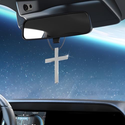 KHGUZ Metal Car Rearview Mirror Cross Hanging Ornament Silver