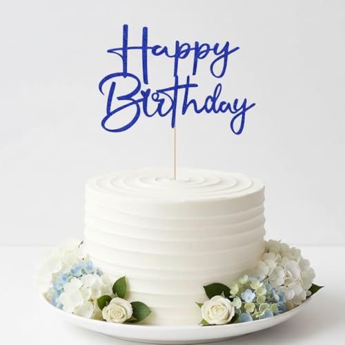 Navy Blue Glitter Happy Birthday Cake Topper - Handmade Decoration