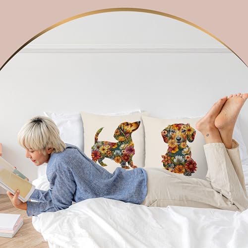 Dachshund Pillow Covers Set of 2 - Floral Flannel 18x18
