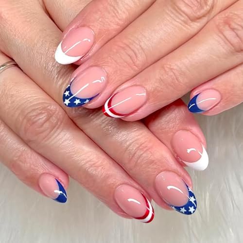 Independence Day Press on Nails Short Almond Star Design False Nails