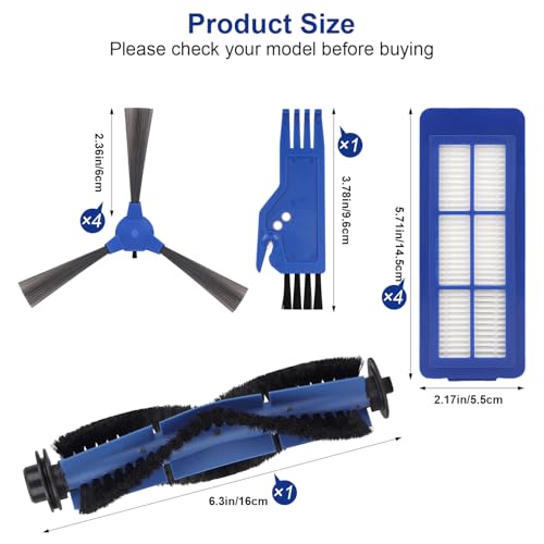 Sgizoku Replacement Parts for Eufy 11S Max, 15C Max, 30C Max, G30, G30 Edge & G30 Hybrid Robotic Vacuum Cleaner — 1 Roller Brush, 4 HEPA Filters, 4 Side Brushes