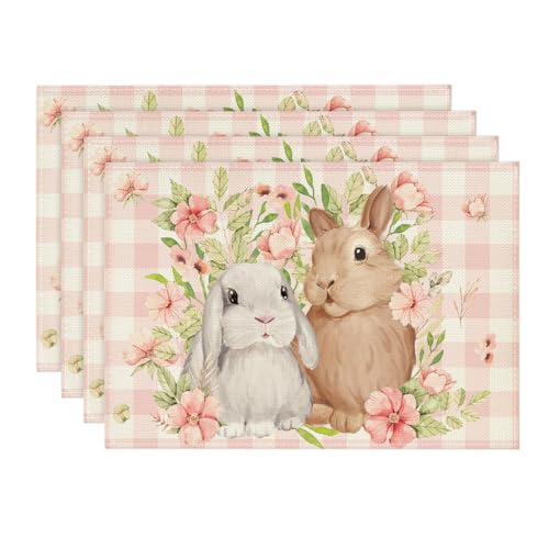 Artoid Mode Pink Buffalo Plaid Bunny Rabbit Placemats Set of 4