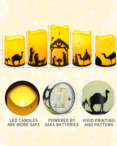 Nativity Scene Candles with Remote Control - 5 Pcs Flameless Christmas Decor with Timer