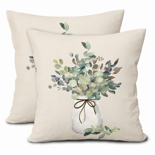 Eucalyptus Leaf Pillow Covers Set of 2 | 16x16 Inch Sage Green
