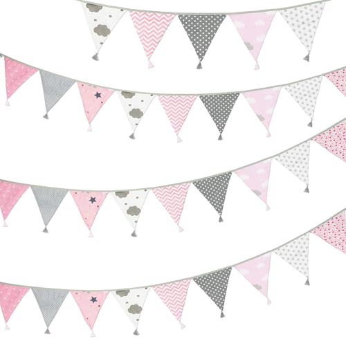 10.8ft Cotton Triangle Bunting Banner - 12 Pink & Grey Flags