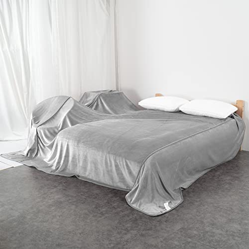 340GSM Flannel Bed Blanket Oversized King 144x144 Light Gray Cozy Microfiber