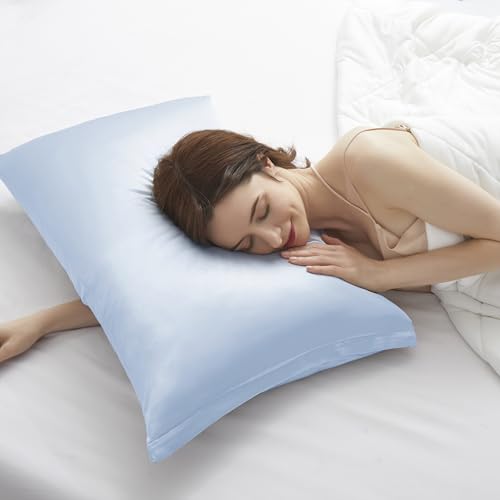 Light Blue Satin Pillowcase Set of 2 with Zipper - Standard (20x26) for Hair & Skin