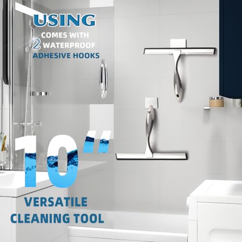 SSTOOHL 10-Inch Stainless Steel Shower Squeegee with 2 Adhesive Hooks