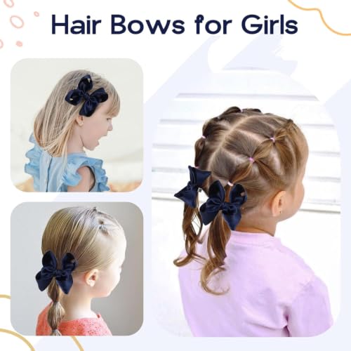 OAOLEER 3.5 Inch Navy Satin Ribbon Hair Bows with Alligator Clips 2PCS