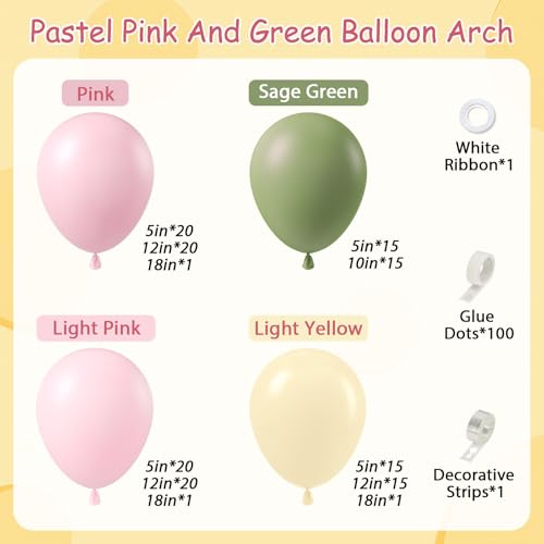 146pcs Pink and Yellow Balloon Garland Arch Kit with Sage Green Balloons