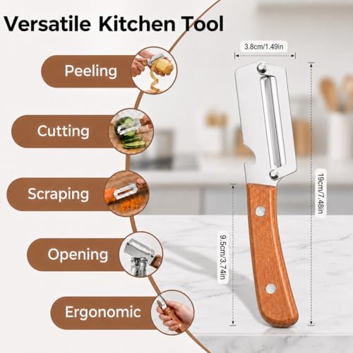 Vegetable Peeler with Wooden Handle and Built-In Bottle Opener