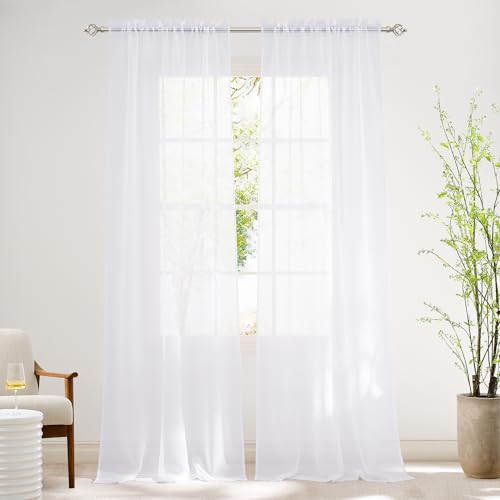 NICETOWN White Sheer Curtains 102 Inch Length, Rod Pocket Panels (2-Pack)