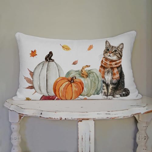 Fall Lumbar Pillow Cover 12x20 Cat and Pumpkin Autumn Farmhouse Decor