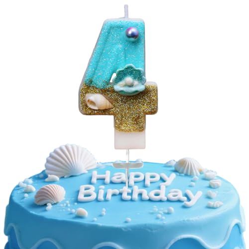 Blue Ocean Glitter Number 4 Birthday Candle with Pearls and Shells