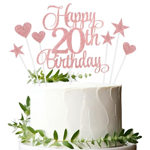 Happy 20th Birthday Cake Topper Set with Rose Gold Decorations