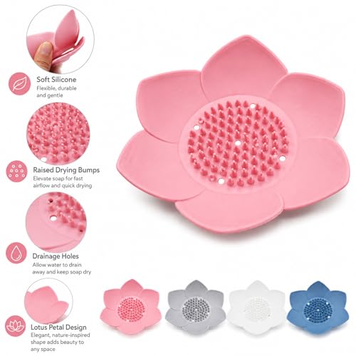 4 Pack Silicone Soap Dish, Lotus Self-Draining Soap Holder for Shower