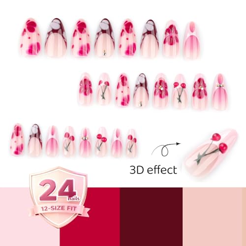 3D Cherry Blossom Press On Nails Almond Glossy Pink Rhinestone False Nails
