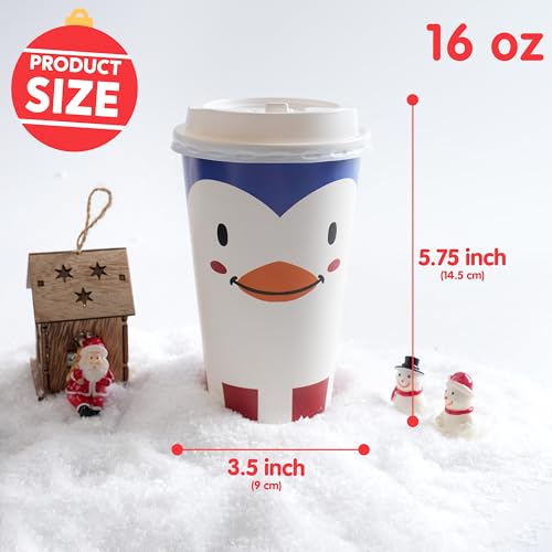 JOYIN 24 PCS Merry Christmas Disposable Paper Cups with Sleeves and Lids, 6 Designs Xmas Drinkware 16 oz, Snowflake Santa Elk Cups for Hot Coffee Cold Beverage Holiday Tableware Supplies Favors