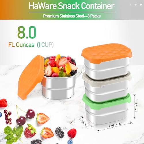 HaWare 8 oz Stainless Steel Snack Containers with Silicone Lids - 3 Pack
